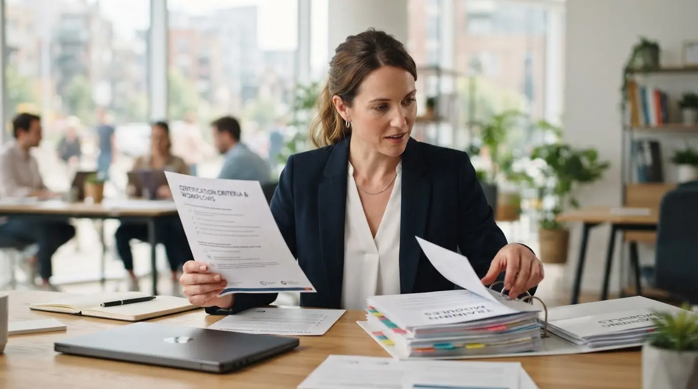 Formatrice consultant une liste de critères de certification et organisant des documents pédagogiques dans un bureau lumineux et moderne.