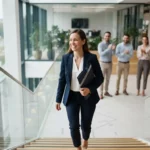 Professionnel souriant gravissant des marches symbolisant un parcours de certification qualité, avec dossier validé et équipe en arrière-plan.