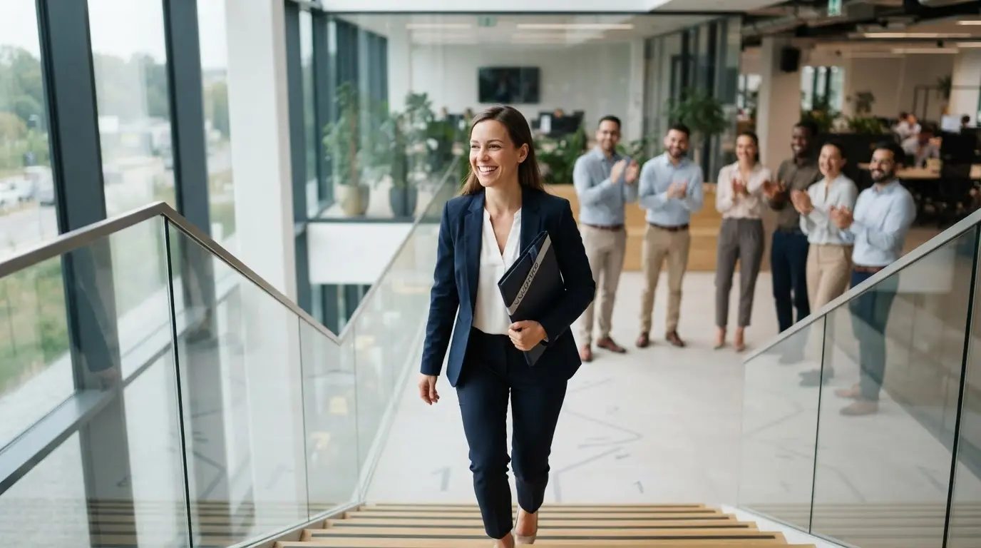Professionnel souriant gravissant des marches symbolisant un parcours de certification qualité, avec dossier validé et équipe en arrière-plan.